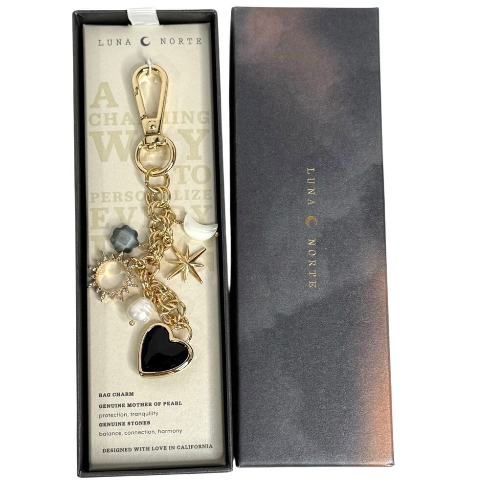 Luna Norte Mother Of Pearl Bag Charm Key Ring Clip Genuine Stone Moon Star Gold - Picture 5 of 8